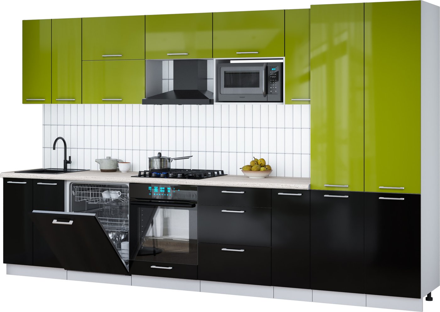 

Готовая кухня Интерлиния Мила Gloss 3.5-ПМ2 (черный глянец/яблоко глянец/травертин серый)