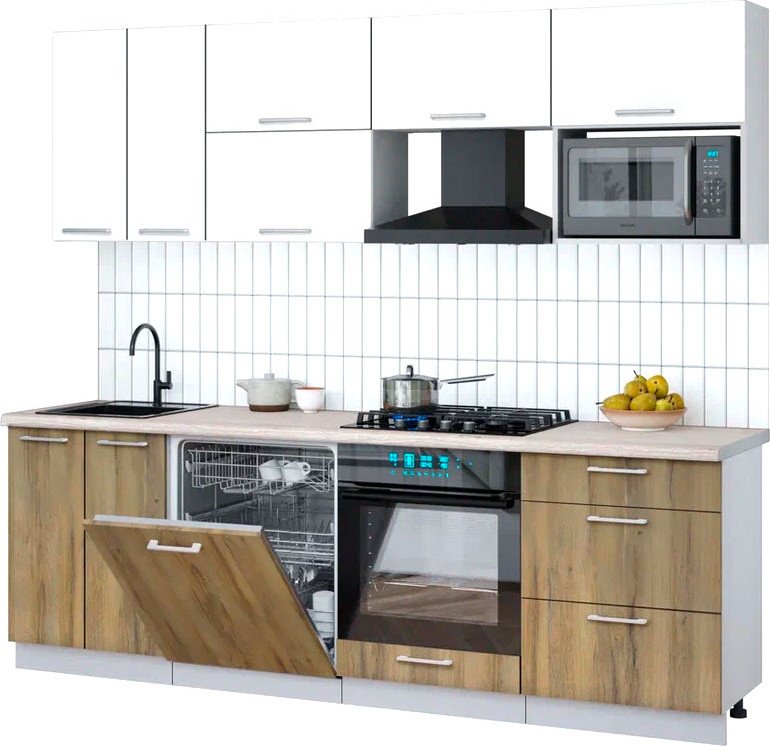 

Готовая кухня Интерлиния Мила Gloss 2.4-ПМ2 (дуб вотан/белый глянец/травертин серый)