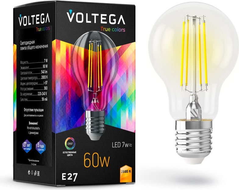 

Светодиодная лампочка Voltega Crystal A60 7W 2800K E27 CRI97 7154