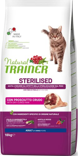 Сухой корм для кошек Trainer Natural Sterilised Корм сухой для стерилизованных кошек и кастрирован котов с сыровяленной ветчиной 10 кг