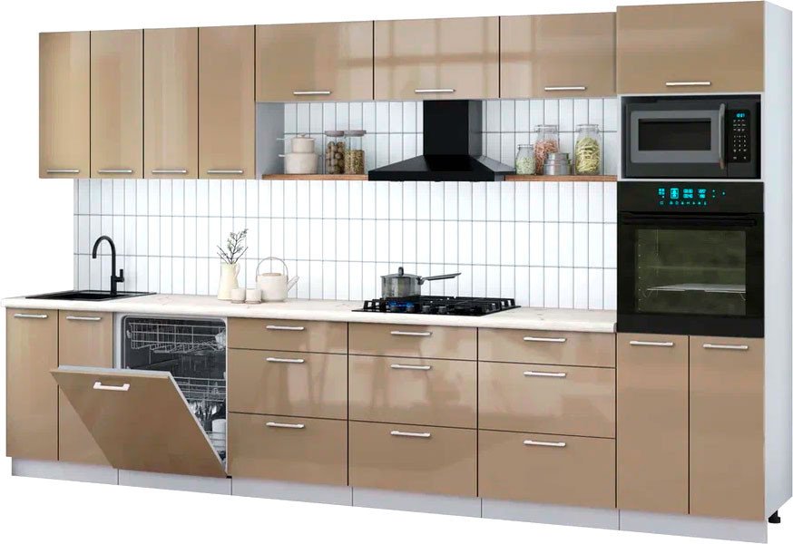 

Готовая кухня Интерлиния Мила Gloss 3.6-ПМ1-2 (капучино глянец/капучино глянец/бискайская сосна)