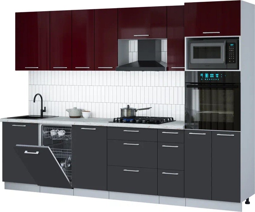 

Готовая кухня Интерлиния Мила Gloss 2.9-ПМ3 (пепел/бордовый глянец/серый каспий)