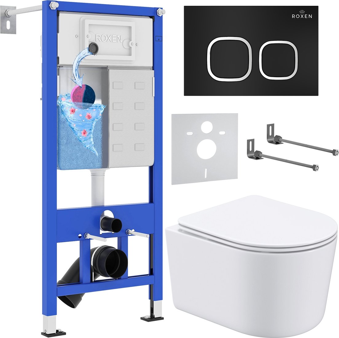 

Унитаз подвесной Roxen Simple Compact в комплекте с инсталляцией StounFix Dual Fresh 6 в 1 917914 (кнопка: черный матовый)
