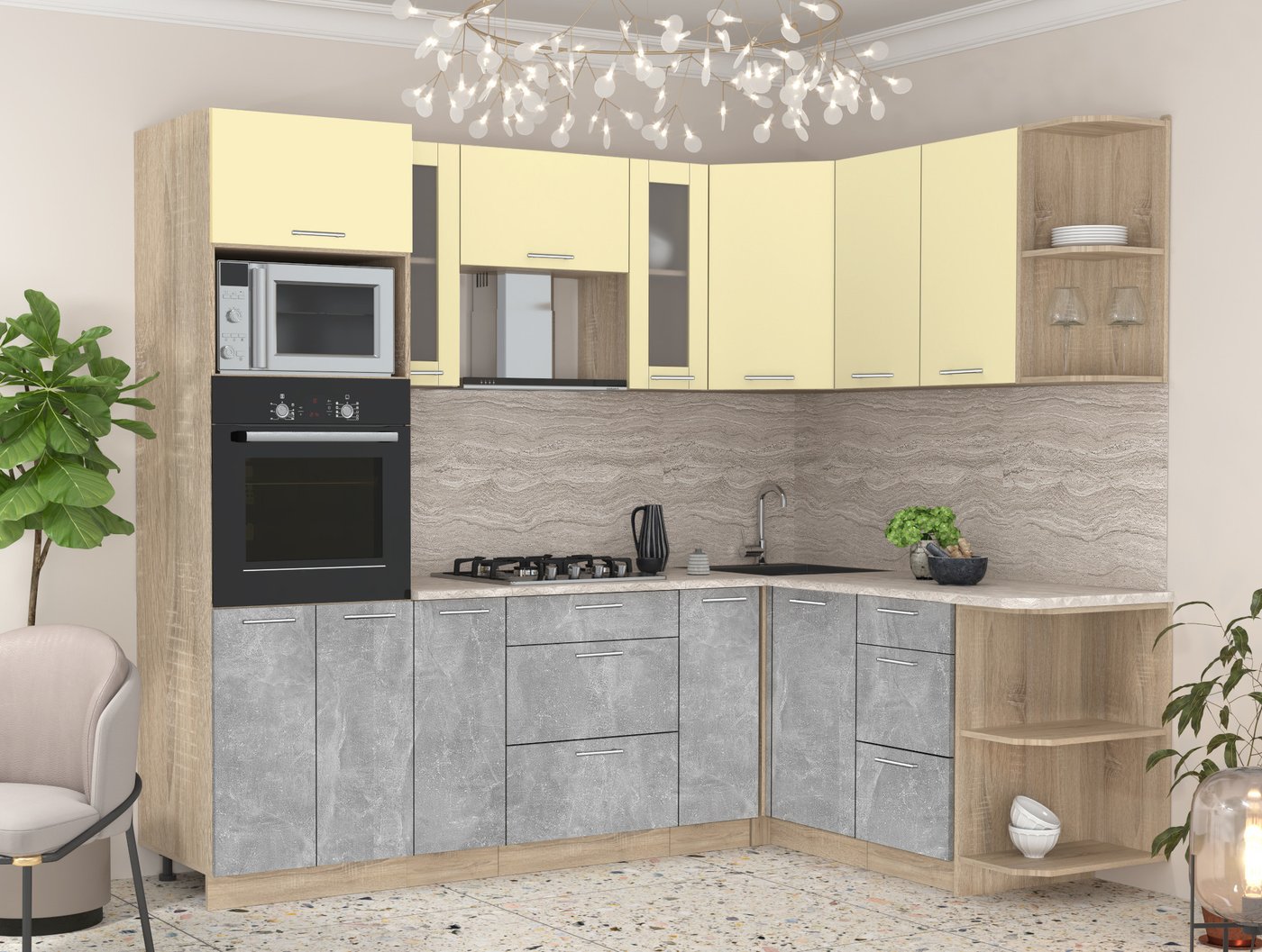 

Готовая кухня Интерлиния Мила 1.68x2.4 правая (ваниль/бетон/травертин)