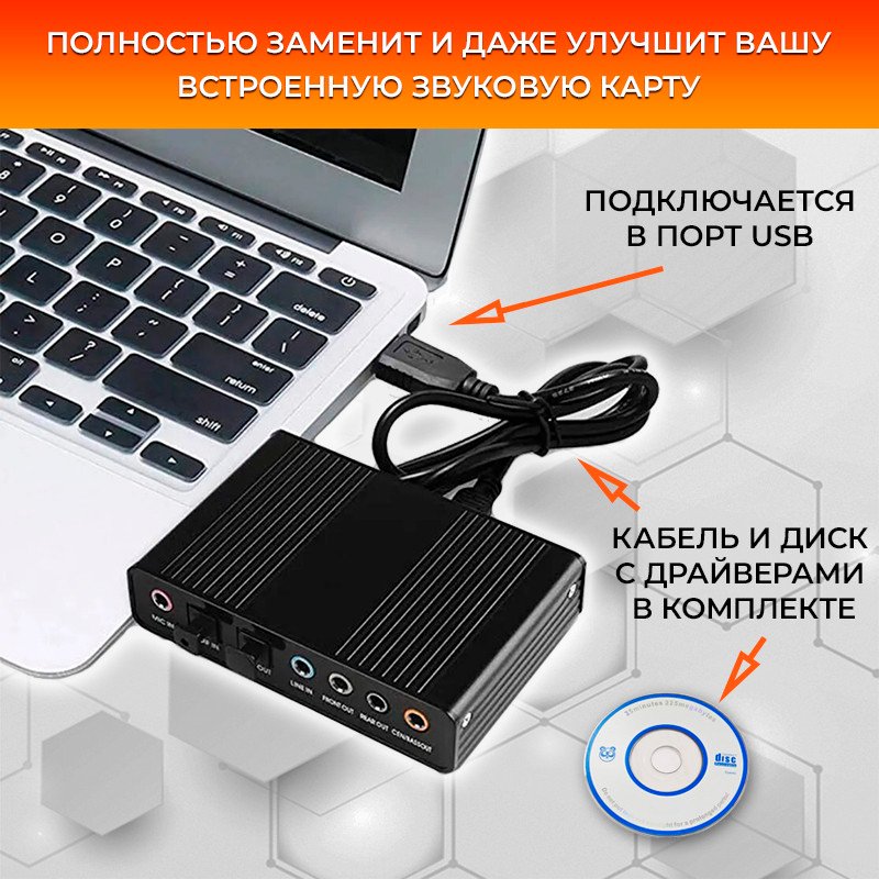 

Внешняя звуковая карта USBTOP USB 5.1/7.1 (3xjack 3.5mm/RCA)