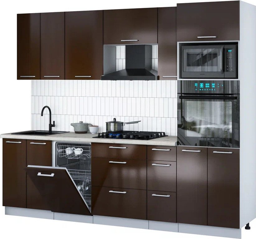 

Готовая кухня Интерлиния Мила Gloss 2.55-ПМ3 (шоколад глянец/шоколад глянец/бискайская сосна)