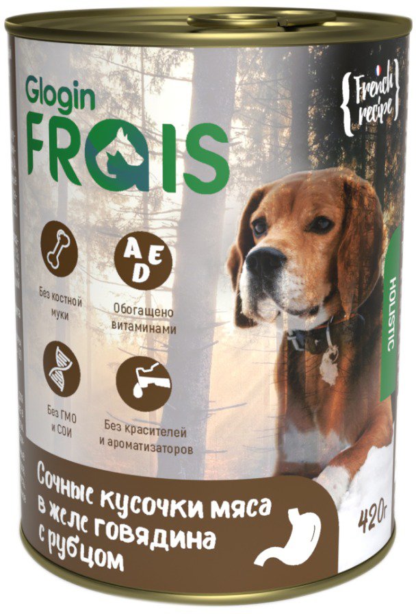 

Консервированный корм для собак Frais Holistic Dog мясные кусочки с говядиной и рубцом в желе (420г)