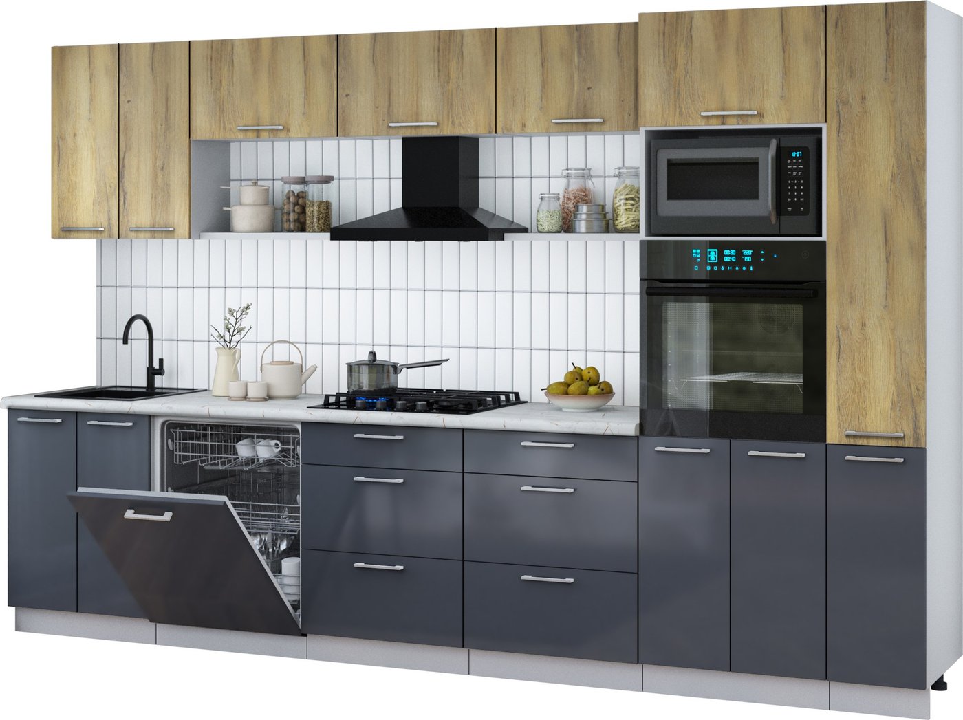 

Готовая кухня Интерлиния Мила Gloss 3.3-ПМ1 (асфальт глянец/дуб вотан/серый каспий)