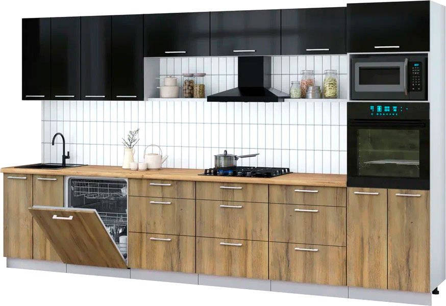 

Готовая кухня Интерлиния Мила Gloss 3.6-ПМ1-2 (дуб вотан/черный глянец/дуб бунратти)