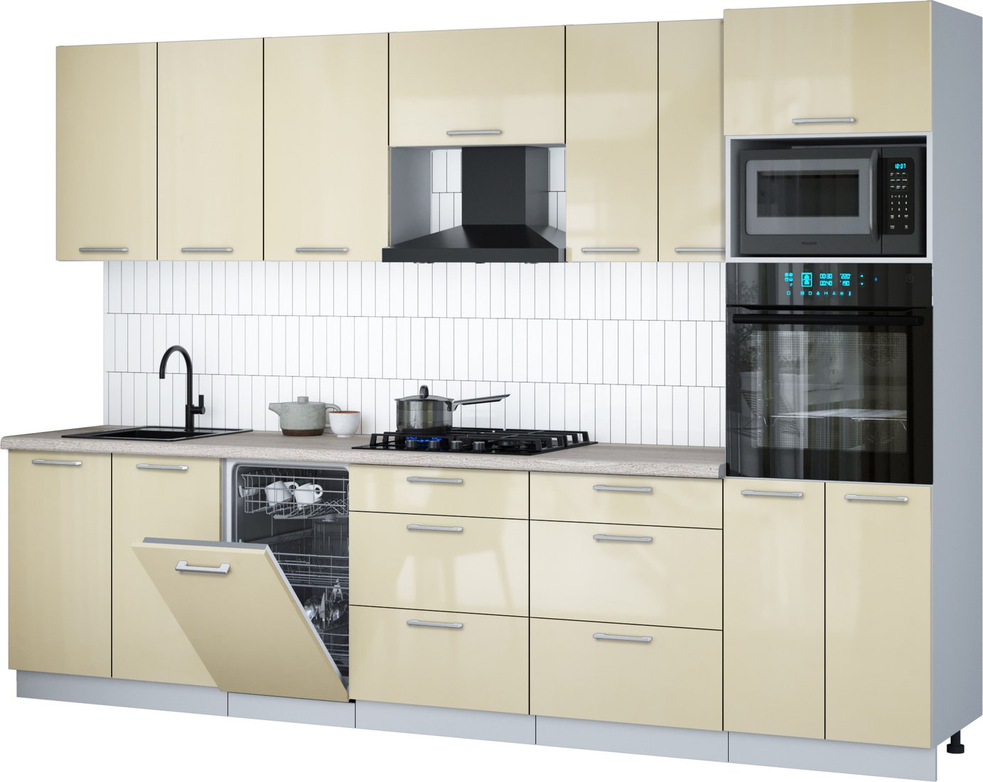 

Готовая кухня Интерлиния Мила Gloss 3.05-ПМ3 (ваниль глянец/ваниль глянец/травертин серый)