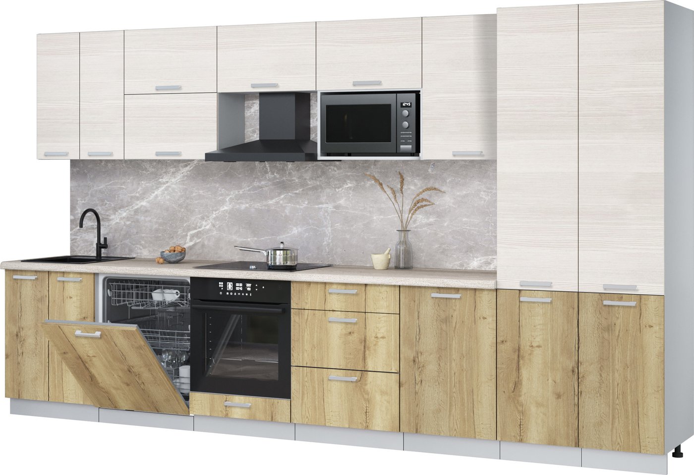 

Готовая кухня Интерлиния Мила Лайт 3.7-ПМ2 (вудлайн кремовый/дуб золотой/травертин серый)