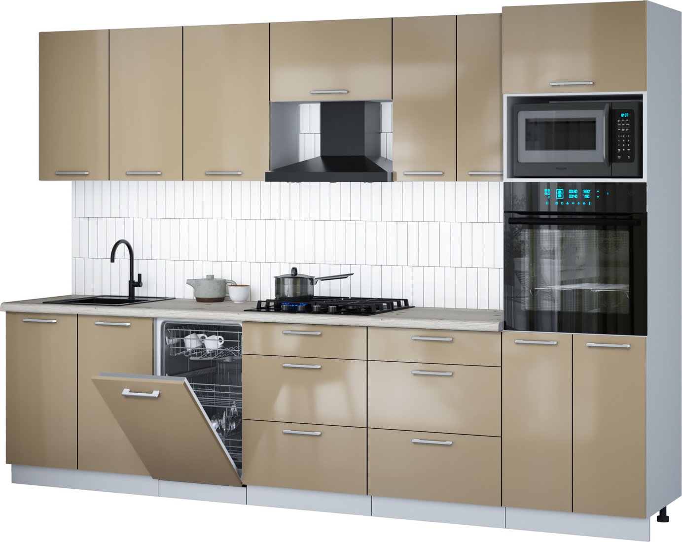 

Готовая кухня Интерлиния Мила Gloss 3.05-ПМ3 (капучино глянец/капучино глянец/бискайская сосна)