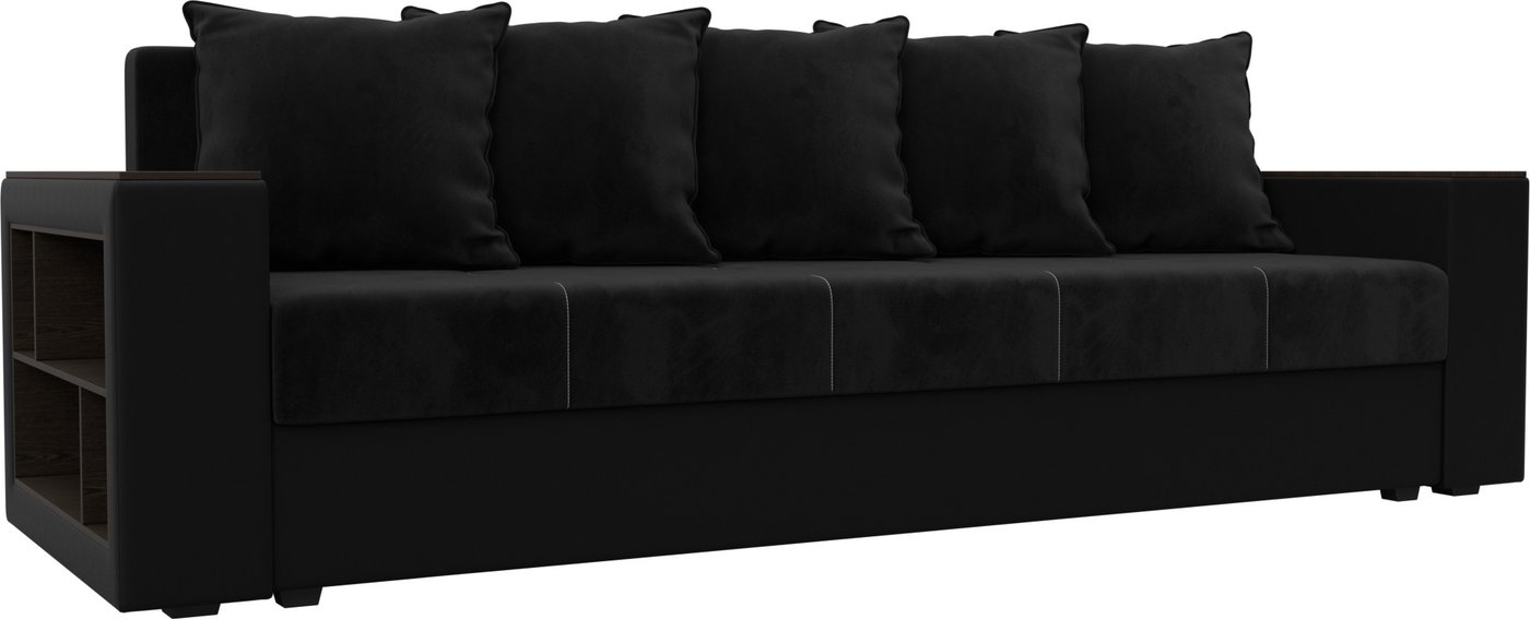 

Диван Лига диванов Дубай Лайт полки слева 114428L ( велюр черный/экокожа черный)