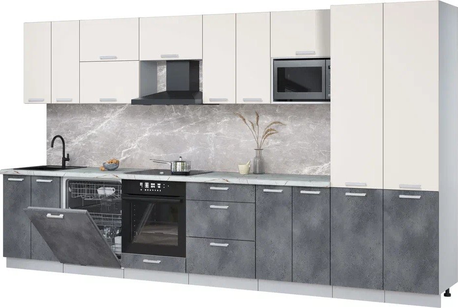 

Готовая кухня Интерлиния Мила Лайт 3.8-ПМ2 (персидский жемчуг/бетон портленд/серый каспий)