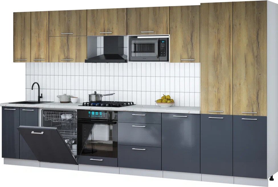 

Готовая кухня Интерлиния Мила Gloss 3.7-ПМ2 (асфальт глянец/дуб вотан/серый каспий)