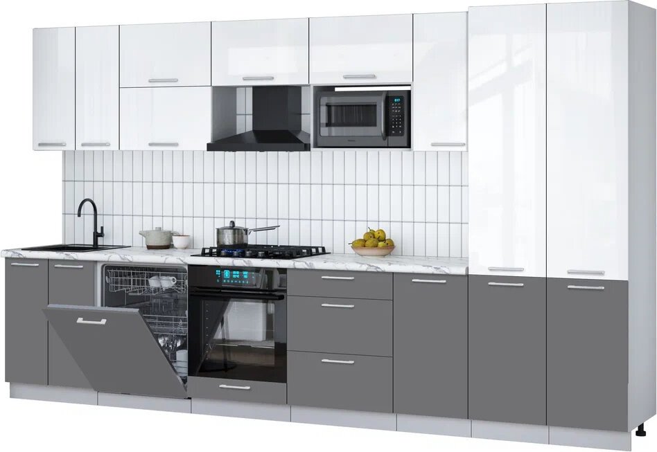 

Готовая кухня Интерлиния Мила Gloss 3.6-ПМ2 (серый/белый глянец/белый гранит)