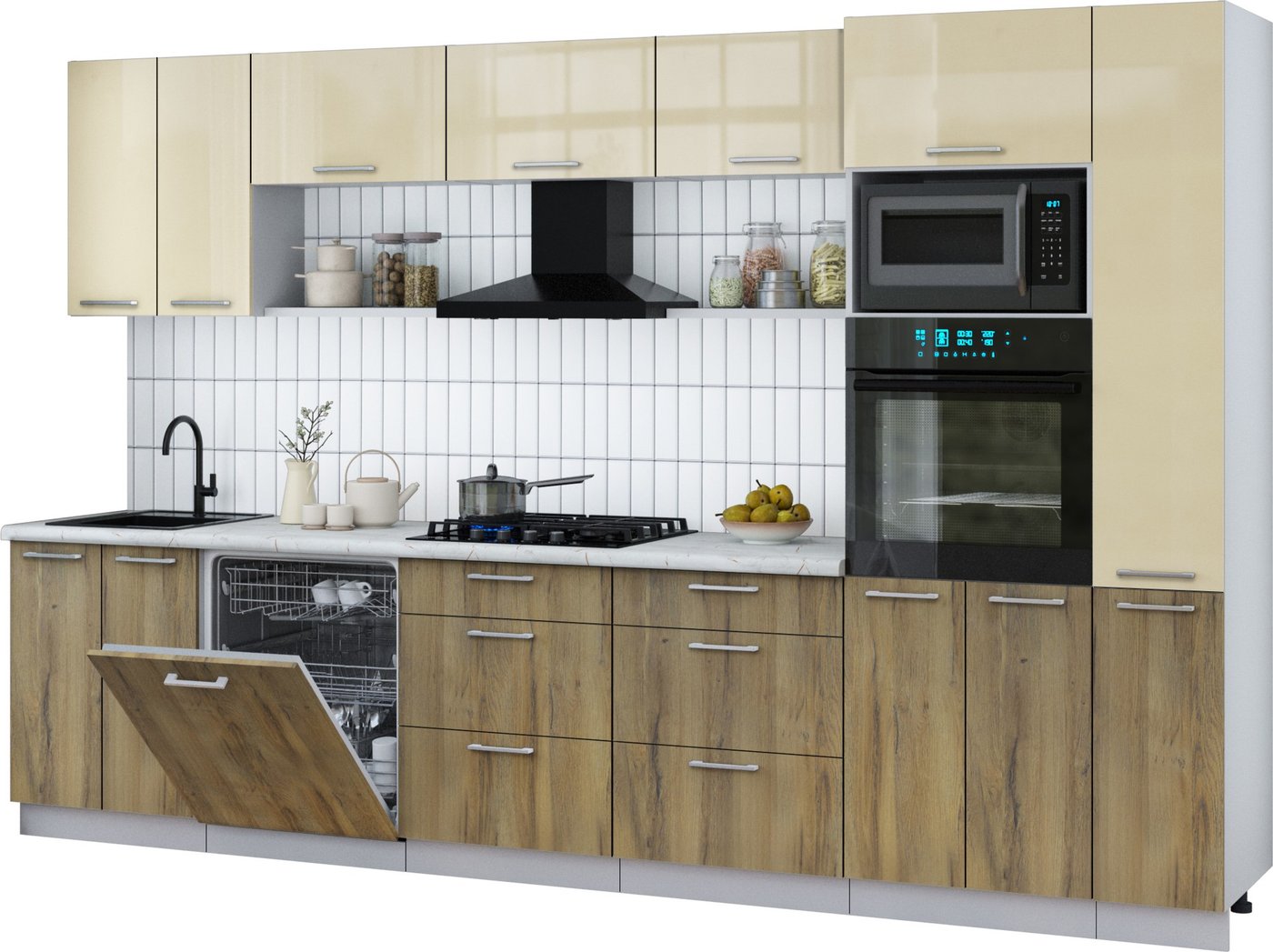 

Готовая кухня Интерлиния Мила Gloss 3.3-ПМ1 (дуб вотан/ваниль глянец/серый каспий)