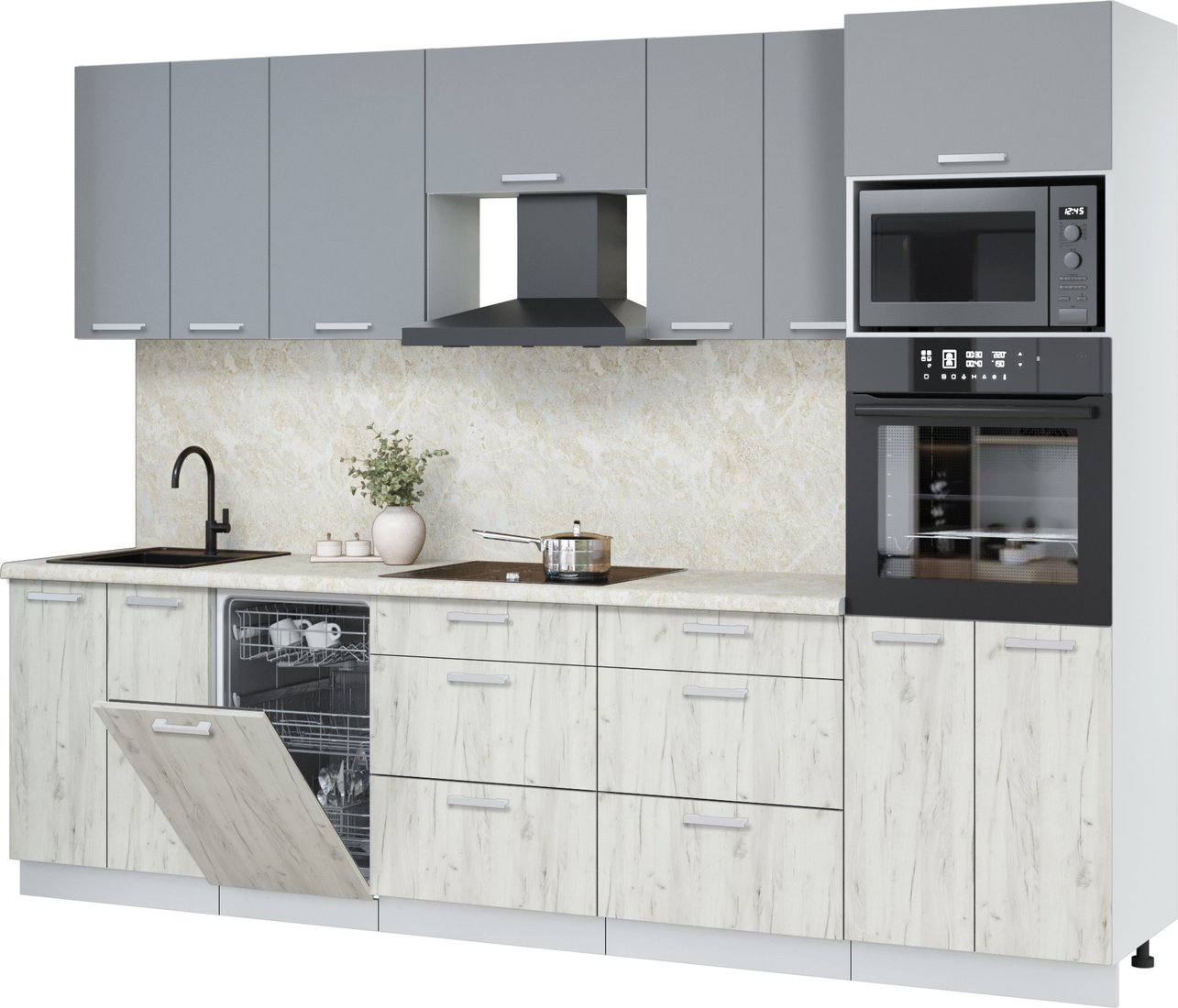 

Готовая кухня Интерлиния Мила Лайт 2.85-ПМ3 (серебро/дуб белый/опал светлый)