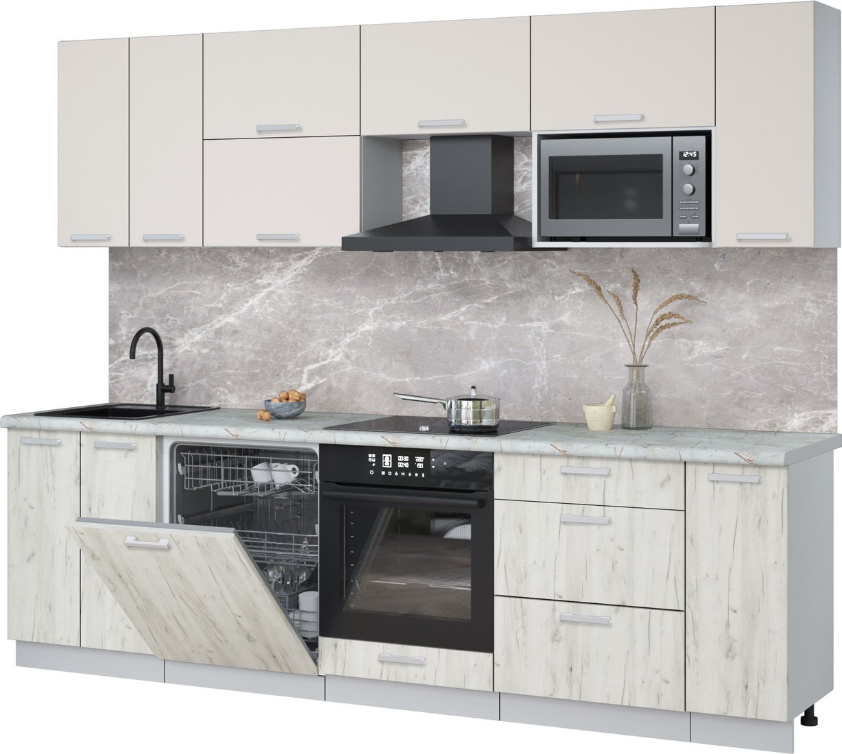 

Готовая кухня Интерлиния Мила Лайт 2.7-ПМ2 (персидский жемчуг/дуб белый/серый каспий)