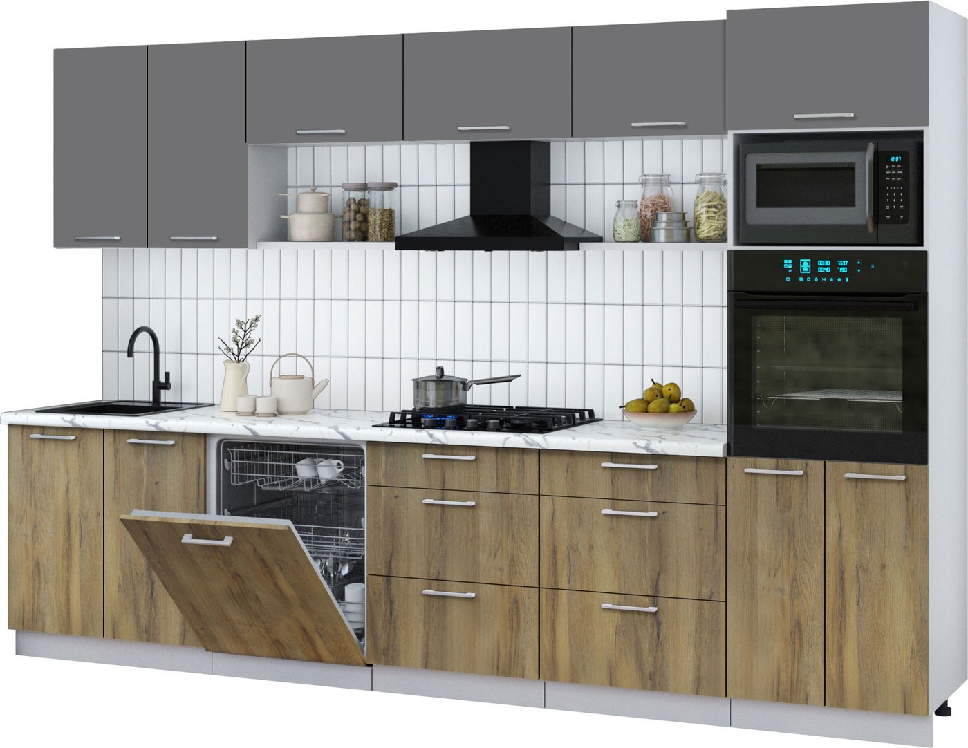 

Готовая кухня Интерлиния Мила Gloss 3.2-ПМ1 (дуб вотан/серый/белый гранит)