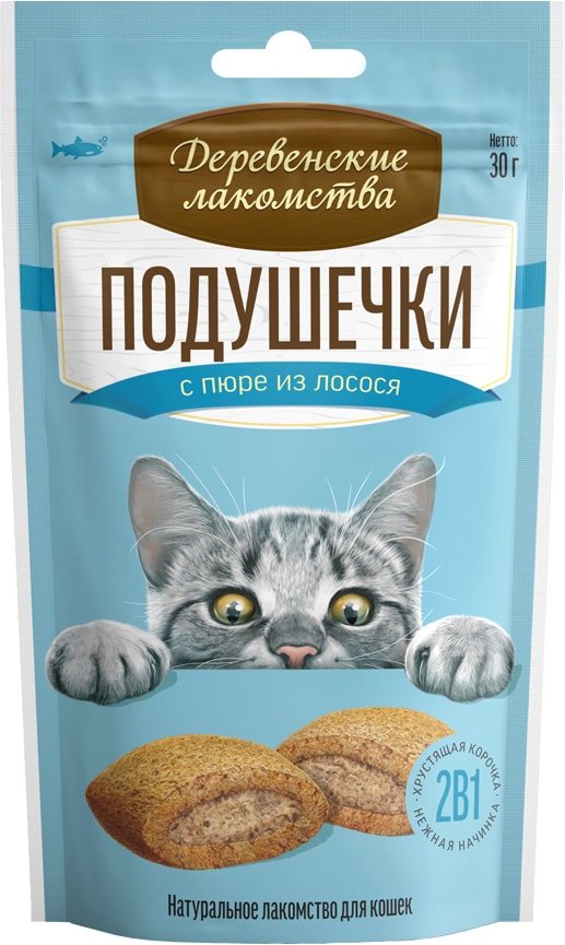 

Лакомство для кошек Деревенские лакомства Подушечки с пюре из лосося 30 г