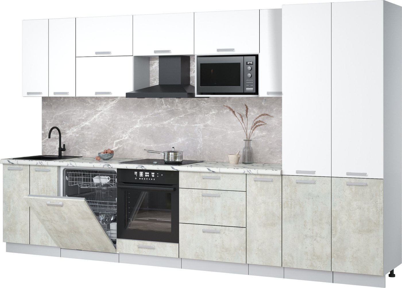 

Готовая кухня Интерлиния Мила Лайт 3.5-ПМ2 (белый платинум/бетон лайт/белый гранит)