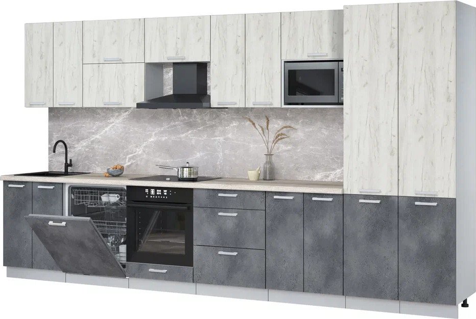 

Готовая кухня Интерлиния Мила Лайт 3.8-ПМ2 (дуб белый/бетон портленд/травертин)