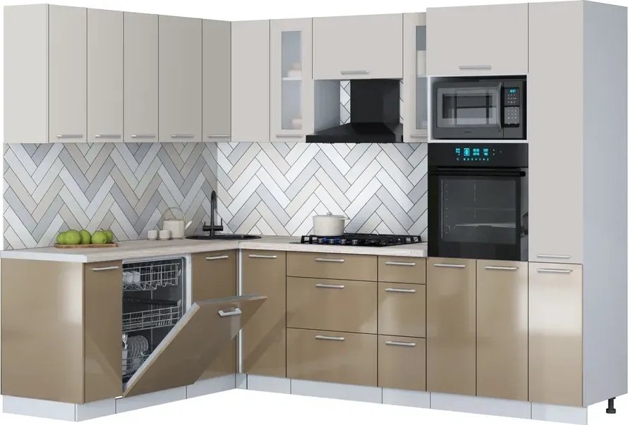 

Готовая кухня Интерлиния Мила Gloss 1.896х2.68 (капучино глянец/кашемир/травертин серый)