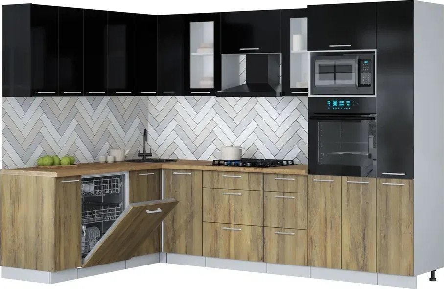 

Готовая кухня Интерлиния Мила Gloss 1.896х2.88 (дуб вотан/черный глянец/дуб бунратти)