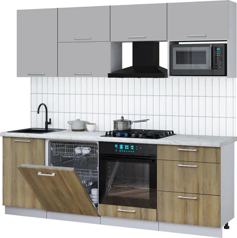 

Готовая кухня Интерлиния Мила Gloss 2.3-ПМ2 (дуб вотан/грей/серый каспий)