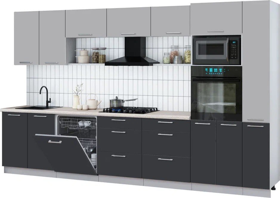 

Готовая кухня Интерлиния Мила Gloss 3.5-ПМ1 (пепел/грей/травертин серый)