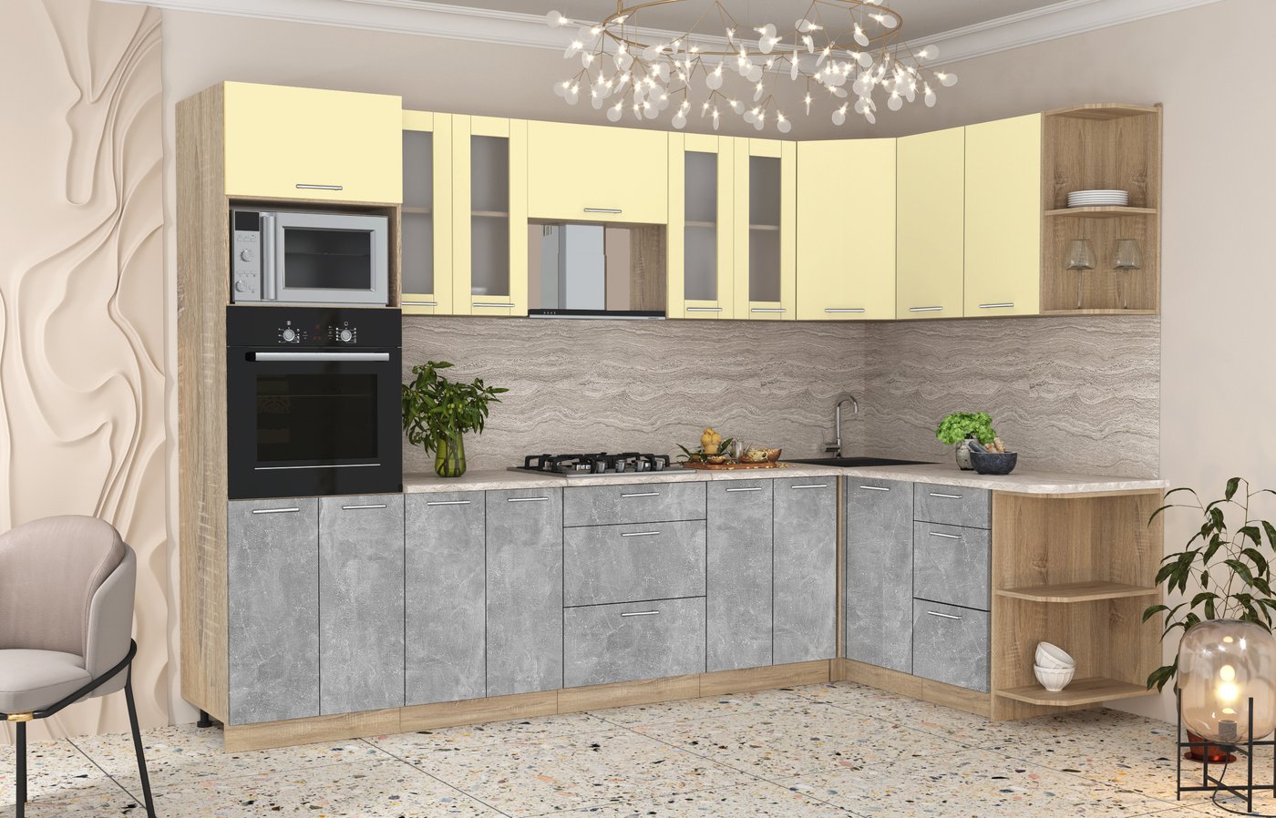 

Готовая кухня Интерлиния Мила 1.68x3.0 правая (ваниль/бетон/травертин)