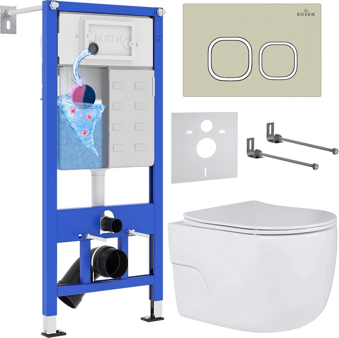 

Унитаз подвесной Roxen Porto в комплекте с инсталляцией StounFix Dual Fresh 6 в 1 966529 (кнопка: бежевый)