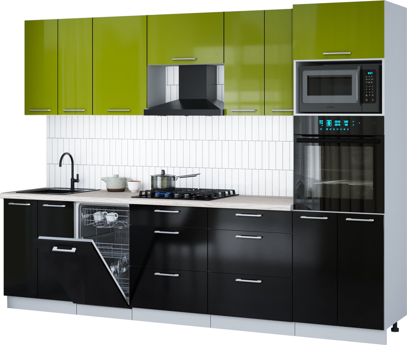 

Готовая кухня Интерлиния Мила Gloss 2.85-ПМ3 (черный глянец/яблоко глянец/травертин серый)