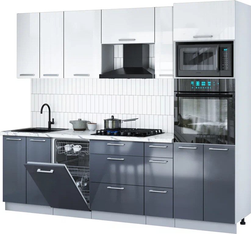 

Готовая кухня Интерлиния Мила Gloss 2.55-ПМ3 (асфальт глянец/белый глянец/белый гранит)