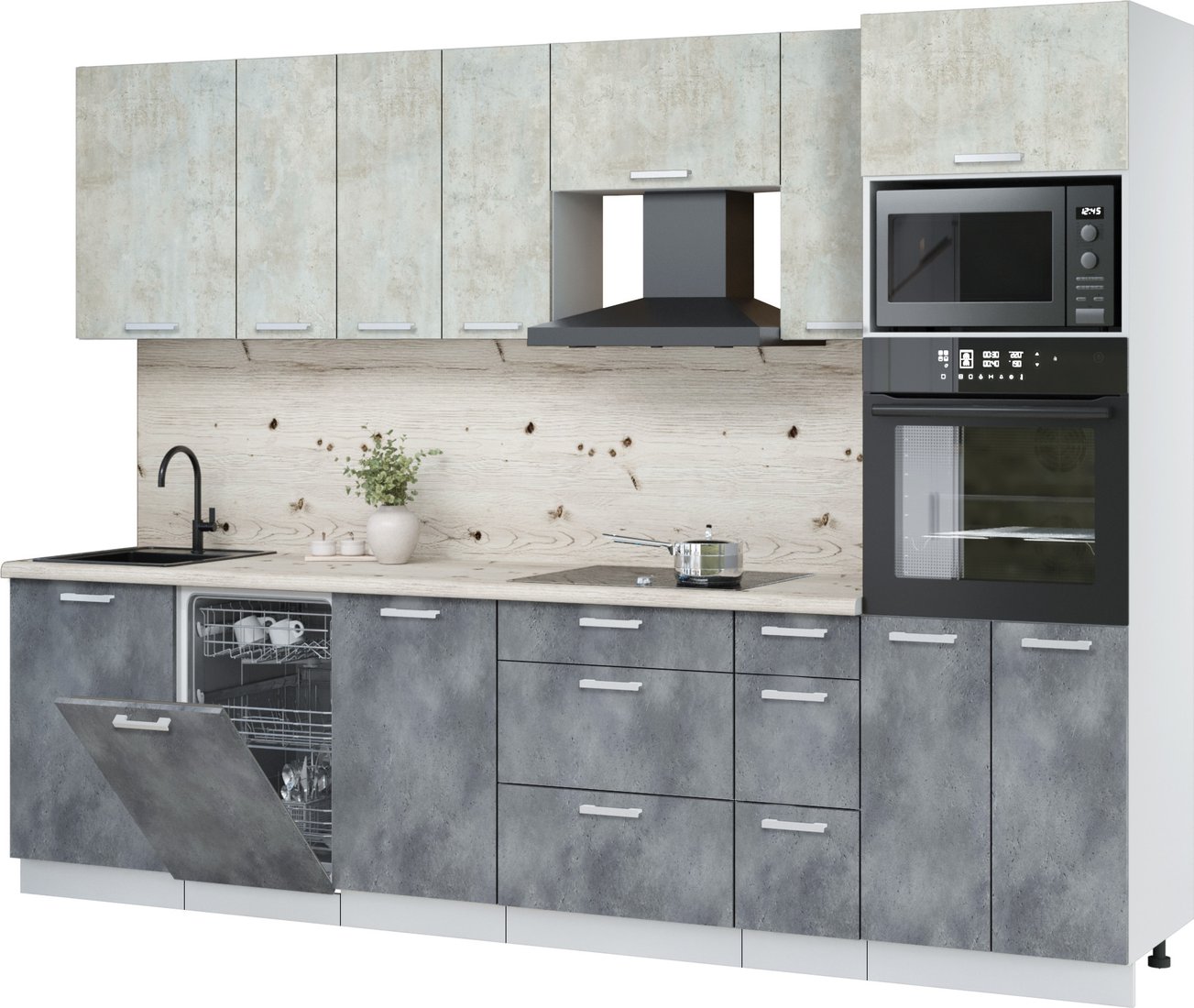 

Готовая кухня Интерлиния Мила Лайт 2.9-ПМ3 (бетон лайт/бетон портленд/бискайская сосна)