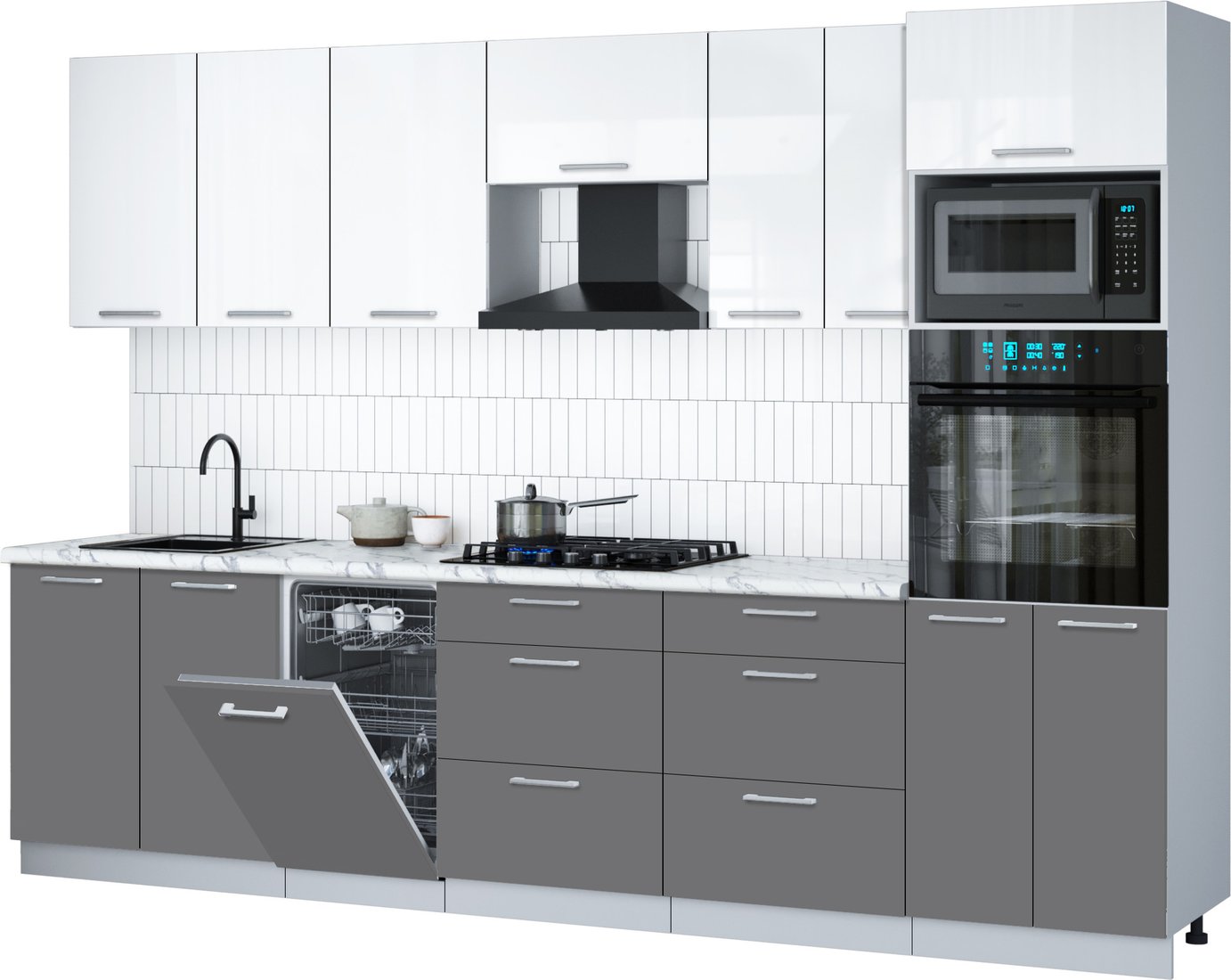 

Готовая кухня Интерлиния Мила Gloss 3.05-ПМ3 (серый/белый глянец/белый гранит)