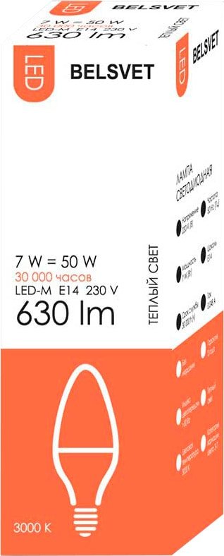 

Светодиодная лампочка Belsvet LED-M С37 E14 7 Вт 3000 К