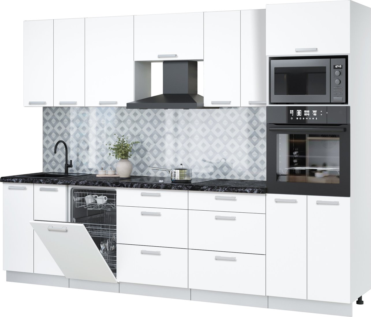 

Готовая кухня Интерлиния Мила Лайт 2.85-ПМ3 (белый платинум/белый платинум/кастилло темный)