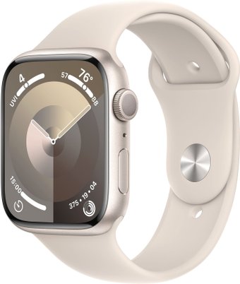 Apple Watch Series 9 45 мм (алюминиевый корпус, звездный свет/звездный свет, спортивный силиконовый ремешок S/M)