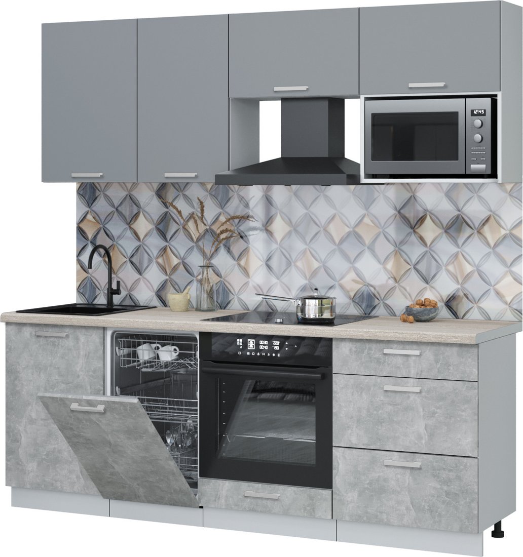 

Готовая кухня Интерлиния Мила Лайт 2.15-ПМ4 ( серебро/бетон/травертин серый)