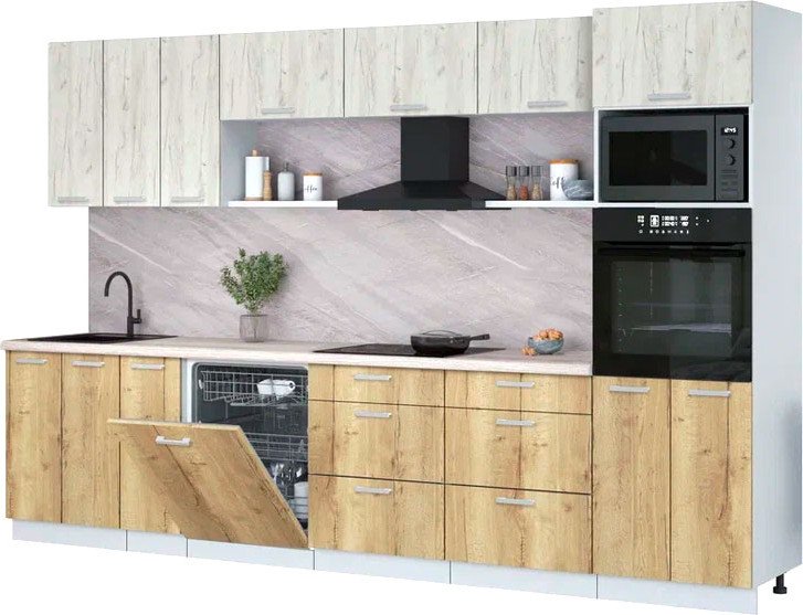 

Готовая кухня Интерлиния Мила Лайт 3.3-ПМ1-2 (дуб белый/дуб золотой/травертин серый)