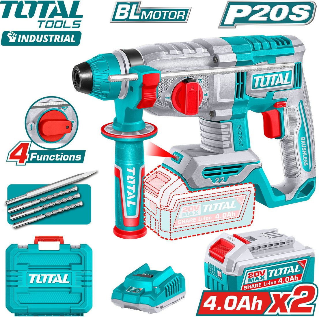 

Перфоратор Total TRHLI212282 (с 2-мя АКБ, кейс)