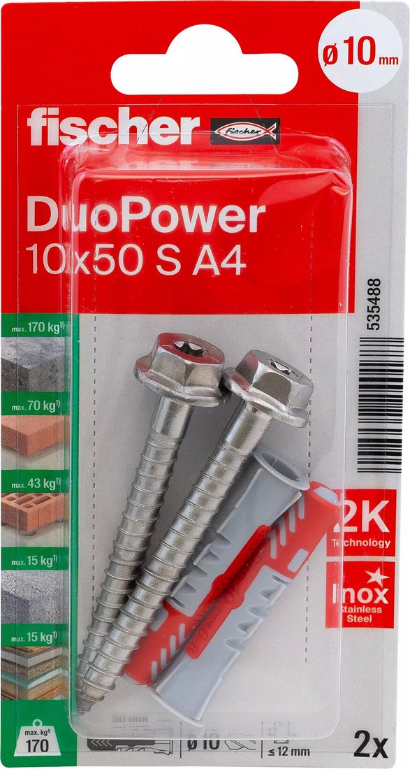

Дюбель-гвоздь Fischer DuoPower 10 x 50 S A4 K NV 535488 (2 шт)