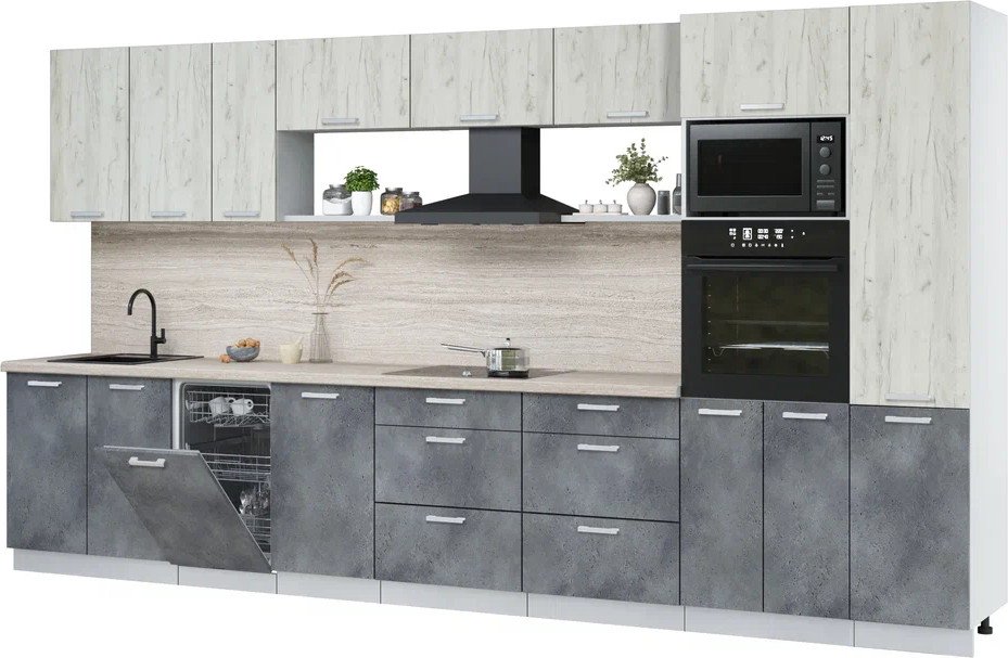 

Готовая кухня Интерлиния Мила Лайт 3.9-ПМ3 (дуб белый/бетон портленд/травертни)