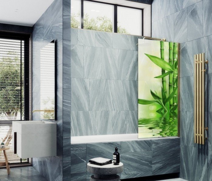 Стеклянная шторка для ванны MaybahGlass MGV-667-ФП018-3ш (золото)