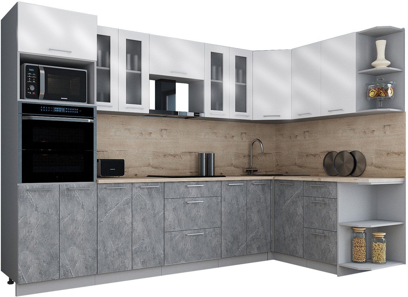

Готовая кухня Интерлиния Мила Gloss 1.68x3.0 правая (белый глянец/керамика/травертин серый)