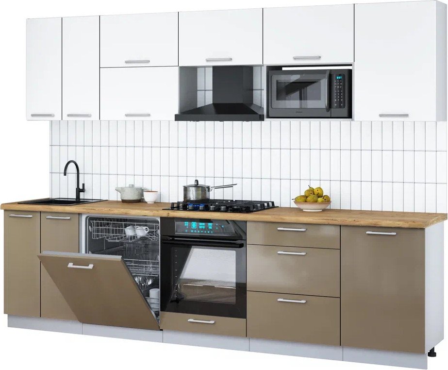 

Готовая кухня Интерлиния Мила Gloss 2.9-ПМ2 (капучино глянец/белый/дуб бунратти)