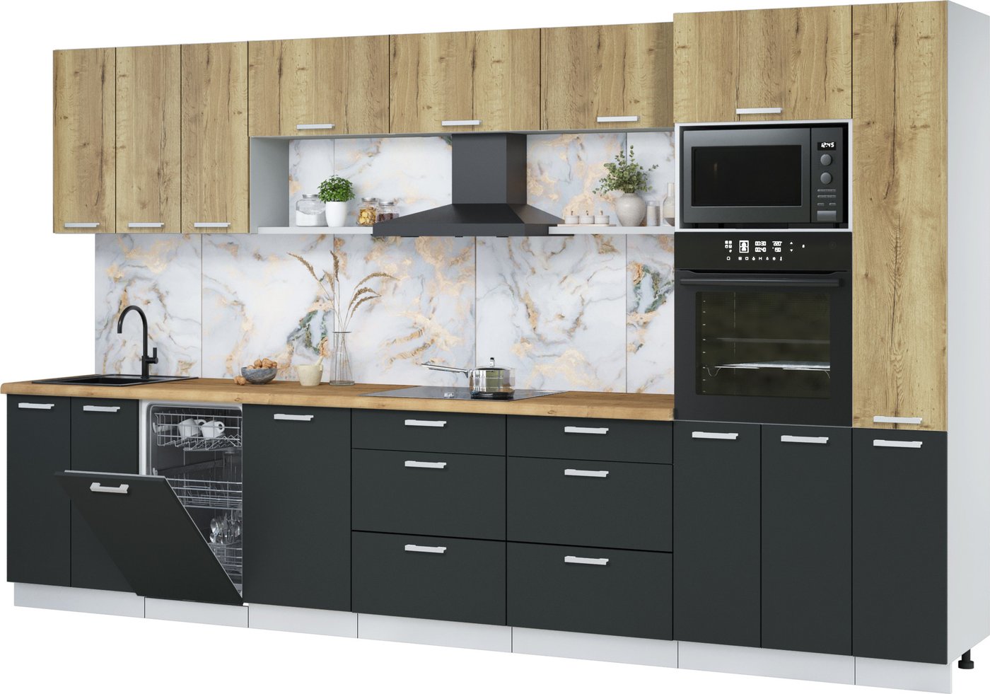 

Готовая кухня Интерлиния Мила Лайт 3.6-ПМ3 (дуб золотой/антрацит/дуб бунратти)