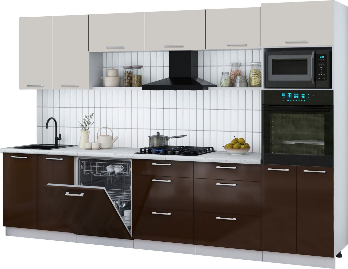 

Готовая кухня Интерлиния Мила Gloss 3.2-ПМ1 (шоколад глянец/кашемир/серый каспий)